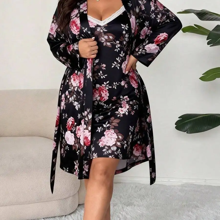 Plus Size Floral Print Lace Trim Cami Dress And Tie Front Robe 2 Piece Pajama Set
