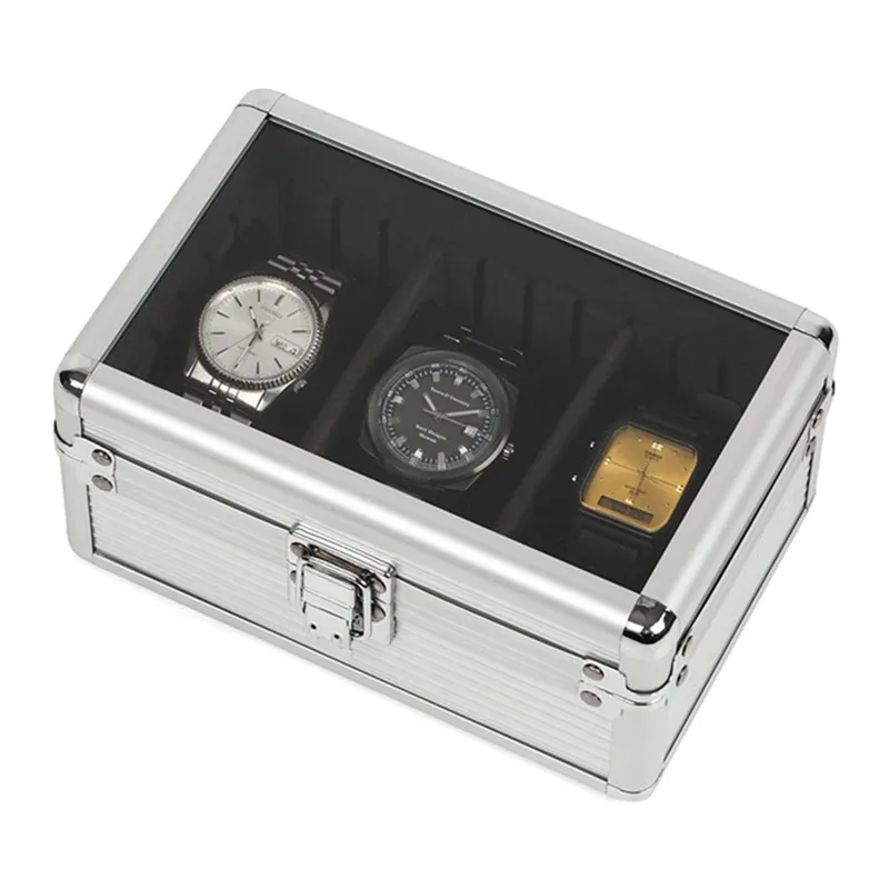 Watch Box Organizer Transparent Aluminum Alloy Fashion Metal Storage Box Portable With Pillow Shock Absorption Movable Partition