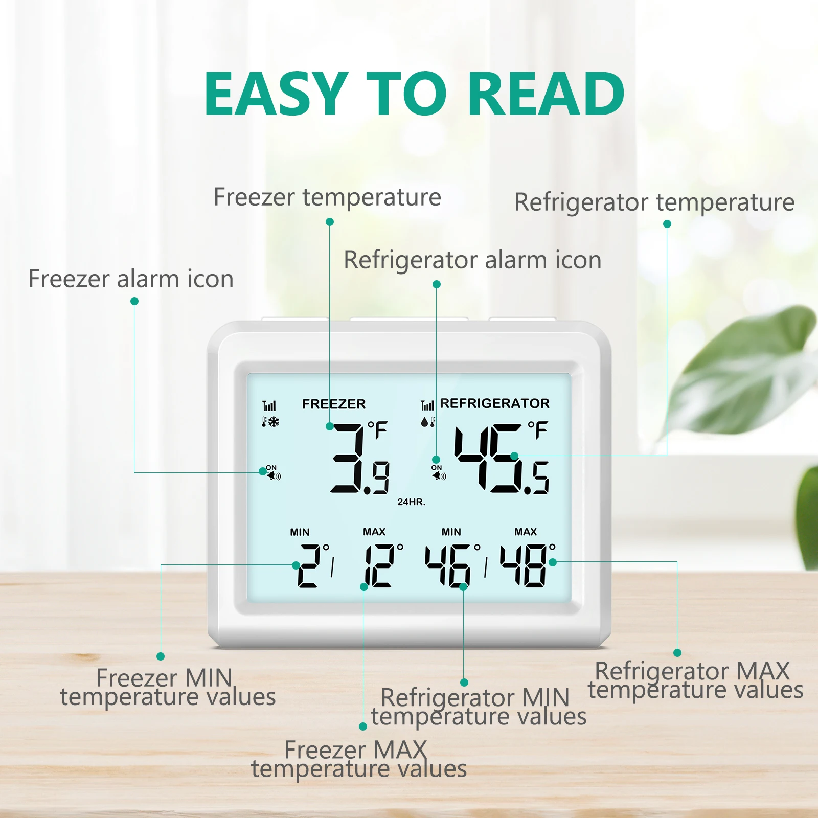 ORIA Digital Refrigerator Thermometer Wireless Freezer Thermometer Fridge Temperature Monitor with 2 Sensor