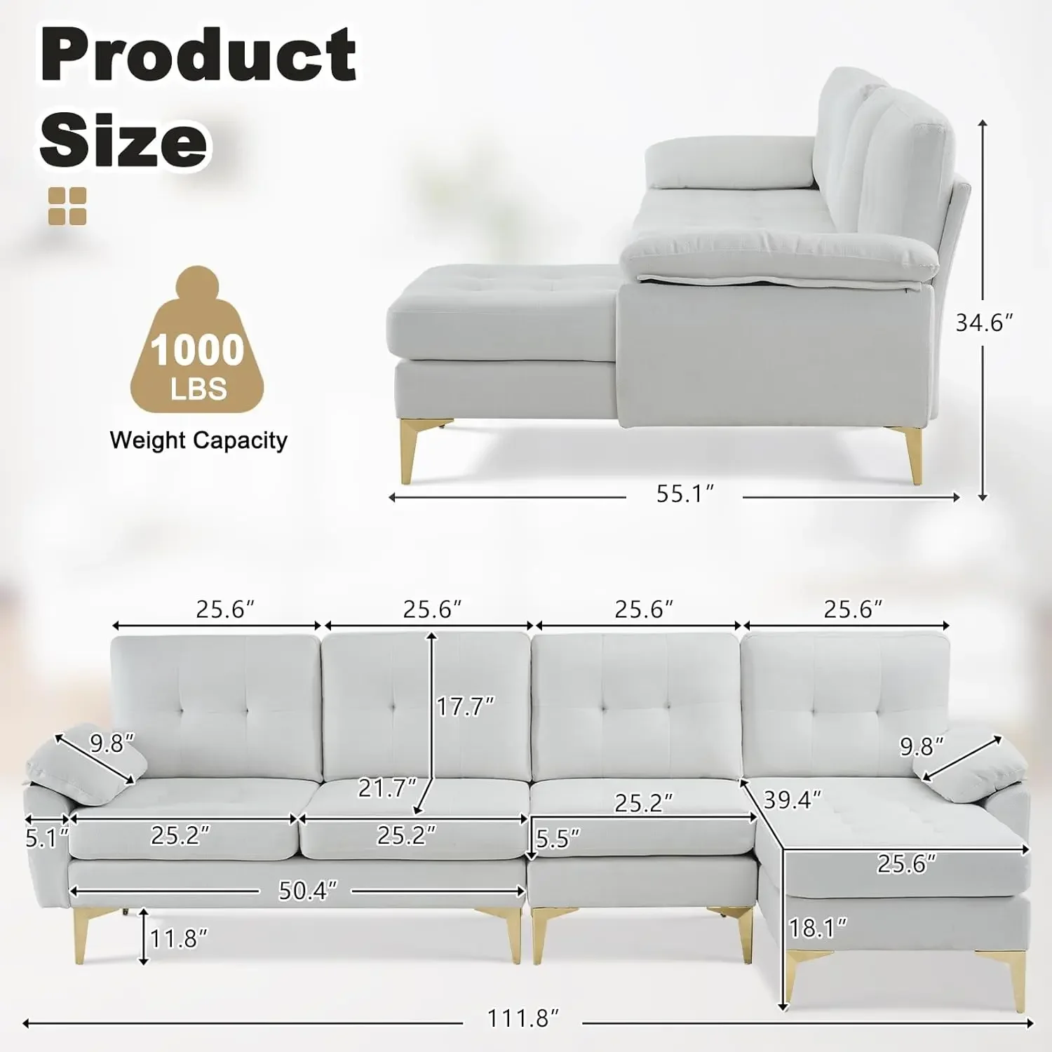 VINGLI 120” Wide White Convertible L-Shaped Sectional Sofa, 4-Seat Linen Reversible Sectional Couch, Comfy Couch with Chaise Lou