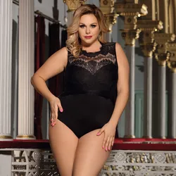 Body de encaje con curvas para mujer, Body corto sin mangas con hebilla, lencería Sexy recortada de peluche, Bodycon con cuello simulado, 5XL