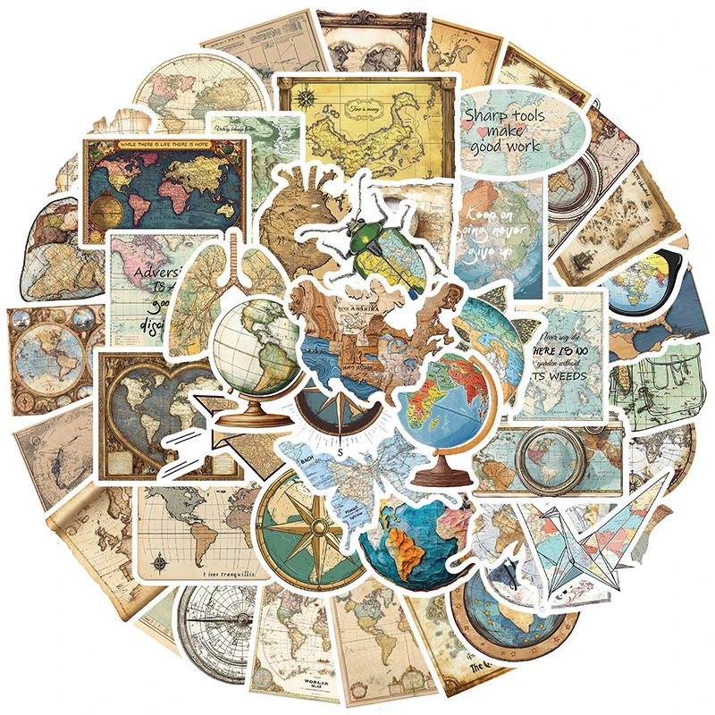 50PCS Vintage Travel Clock Maps Stickers Retro Travel Map Aesthetic Sticker Waterproof Vinyl Decals for Scrapbook DIY Laptops