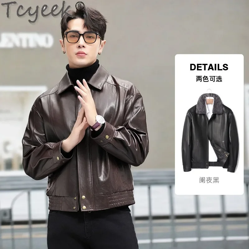 Tcyeek Genuine Leather Jacket Men Real Sheepskin Goose Down Coat Wool Fur Collar Winter Autumn Mens Clothes Jaqueta Couro 2024