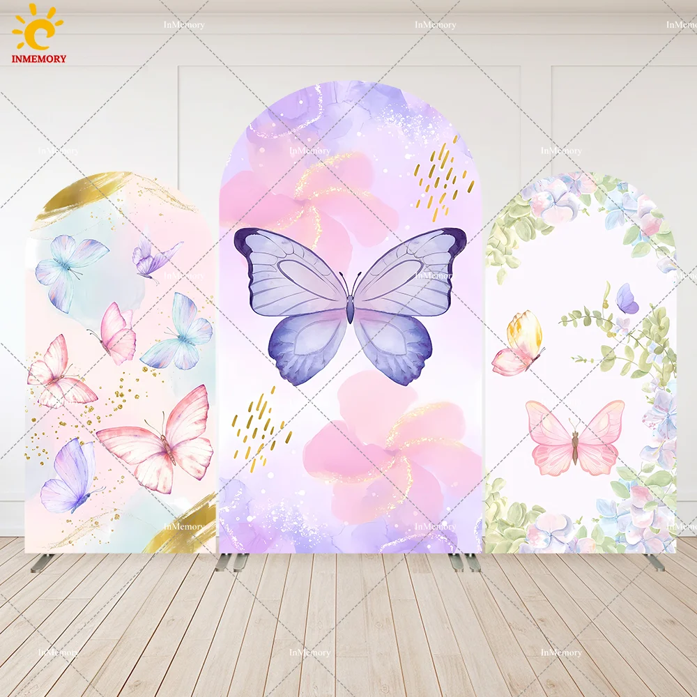 

Pastel Purple Butterfly Baby Shower Arch Backdrop Cover Floral Princess Girls Birthday Party Decor Arched Wall Background