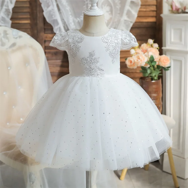 Toddler White Flower Baptism Dress for Baby Girls Newborn Infant Birthday Party Baptism Gown Sequin Wedding Christening Dresses