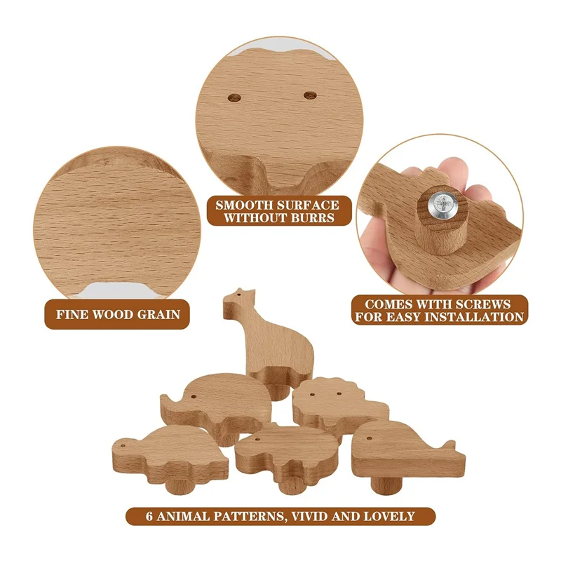 Perillas de gabinete de animales de madera Perillas de tocador decorativas con tornillos Tiradores de tocador Perillas de animales de bosque marino de madera 6 piezas Durable-A