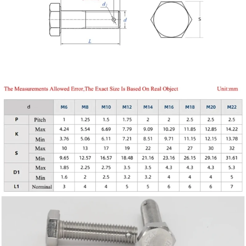 304 Stainless Steel Tail with Hole Outer Hexagonal Head Screw/Perforated Tail Hole Drilled Bolt GB31.1 M6 M8 M10 M12 M14 M16