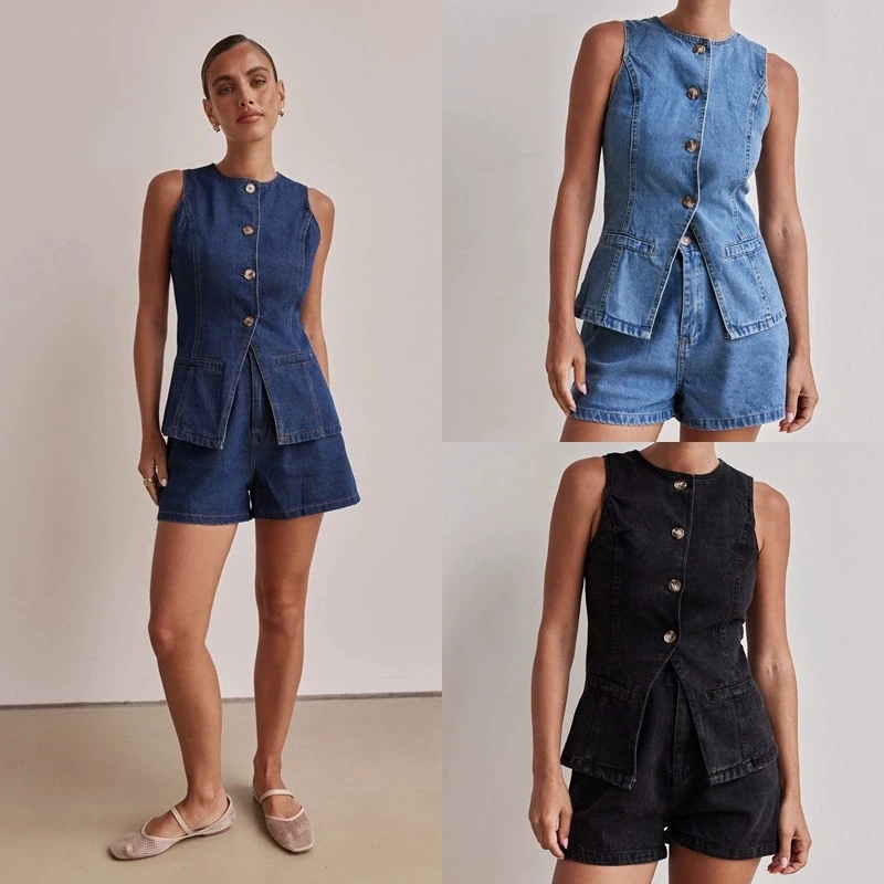 

Весна-лето Джинсовый жилет без рукавов + свободные джинсовые шорты Комплекты из двух предметов 2025 Новый женский джинсовый комплект Джинсовые шорты + джинсовые топы