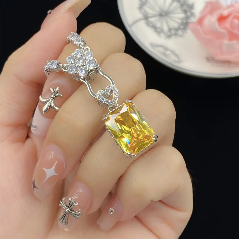 

Golden Zircon Heart Simple Rectangular Yellow Crystal Open Ring Women's Elegant Pendant Earring Set