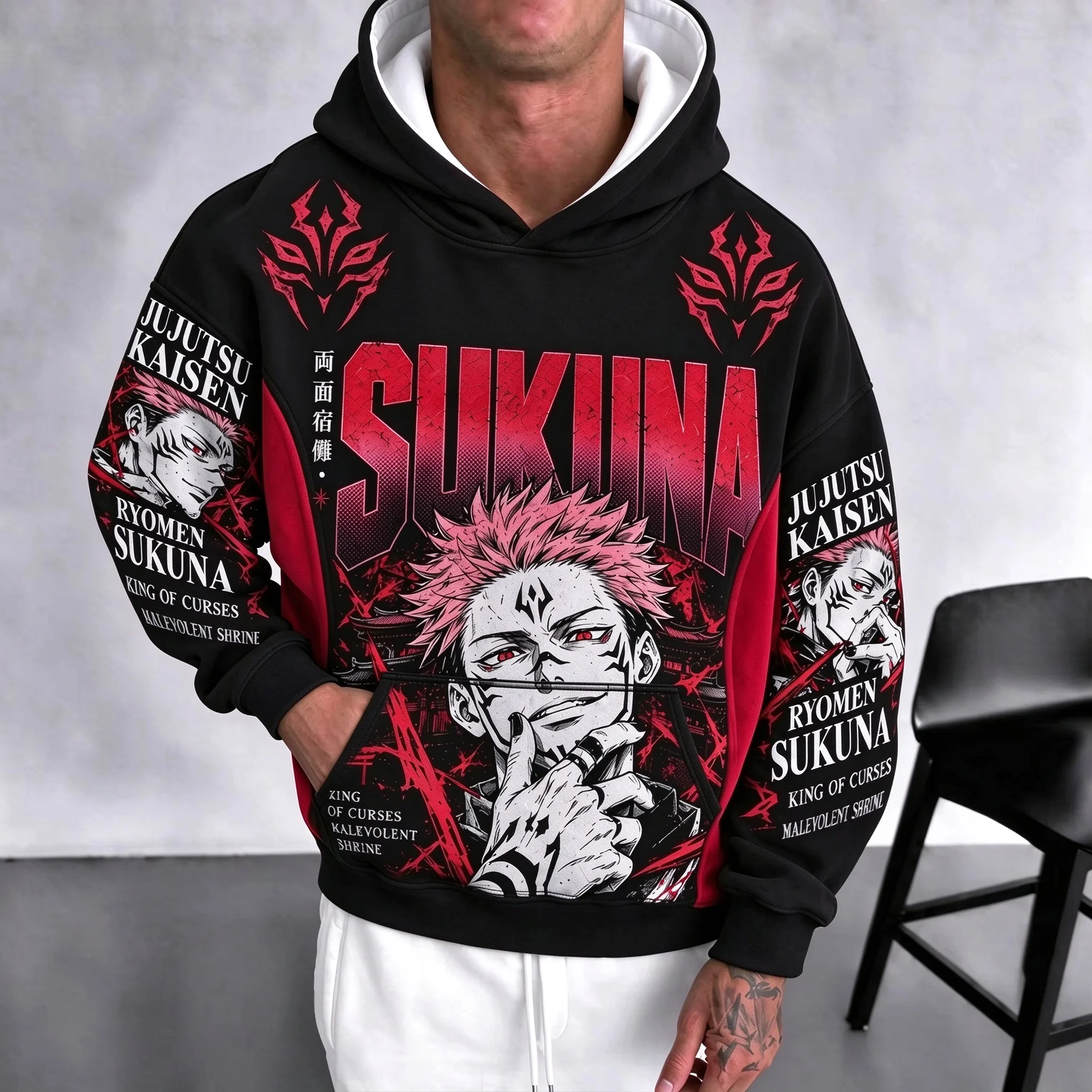 Autumn and Winter Men's Women's Popular Anime Jujutsu Kaisen Patchwork Hooded Sweatshirt Sport Casual Pullovers