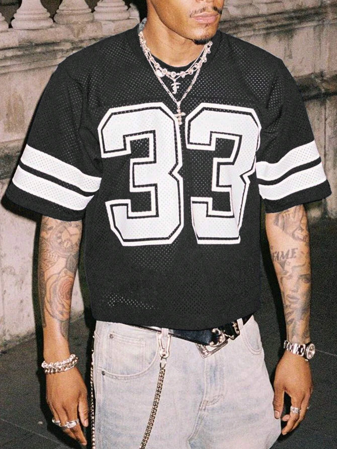 2025 جديد الخريف الرجال شبكة قميص رياضي تي شيرت س الرقبة فضفاضة المألوف الشارع ارتداء الهيب هوب نمط قصيرة الأكمام رداء علوي غير رسمي #4