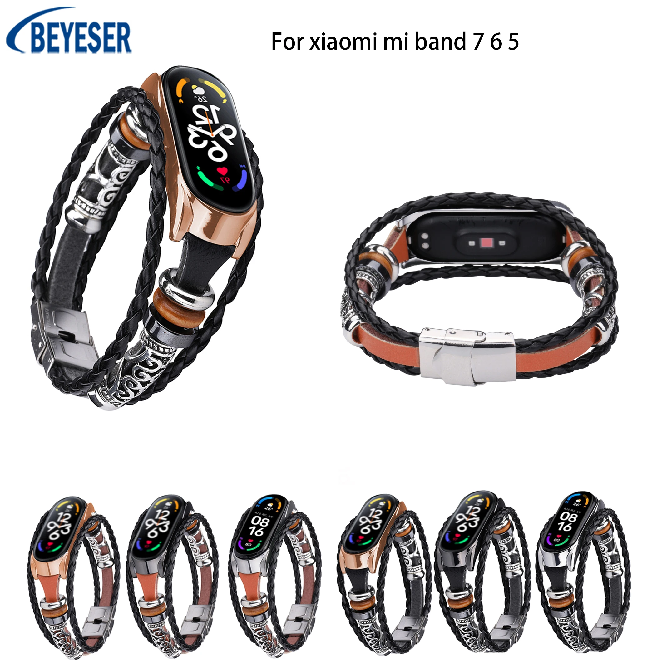 Correa de cuero para Xiaomi Mi Band 7, 6 y 5, pulsera de repuesto Vintage para reloj inteligente deportivo, con abalorios, a la moda