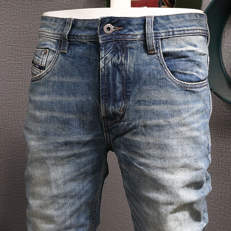 Street Fashion Men Jeans High Quality Elastic Slim Fit Retro Blue Ripped Jeans Men Trousers Vintage Designer Denim Pants Hombre