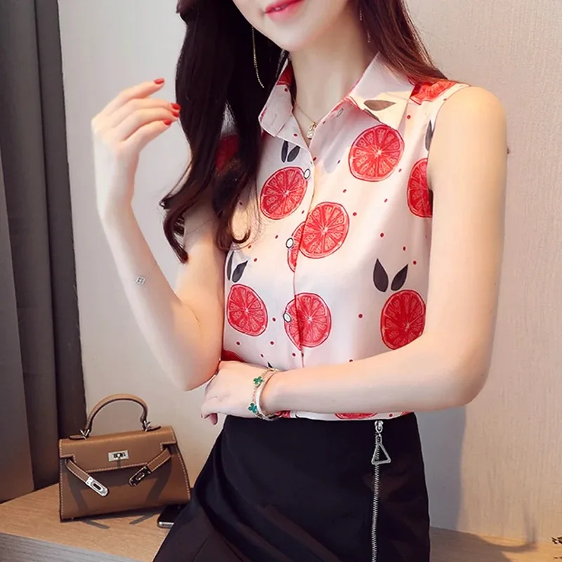 Casual Loose Women\'s Shirt Summer Sleeveless Chiffon Blouse for Women Fashion Turn Down Collar Printed Tops Lady Clothes 9456 50