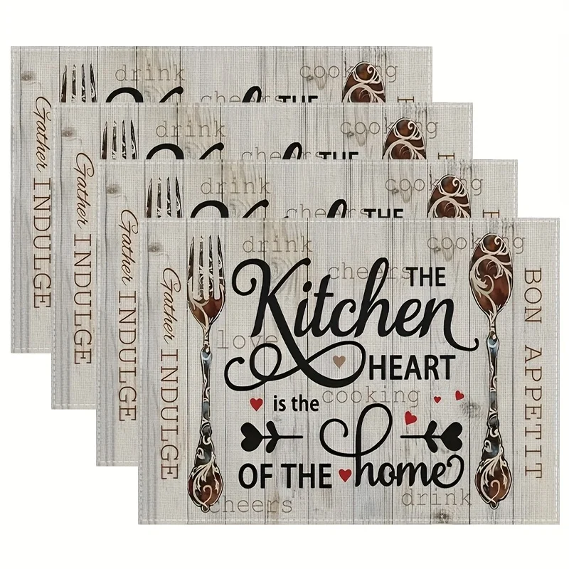 Rustic Wooden Board Kitchen Quote Fork Spoon Heart Print Rectangular Placemats Set Farmhouse Vintage Home Kitchen Dining  Mats