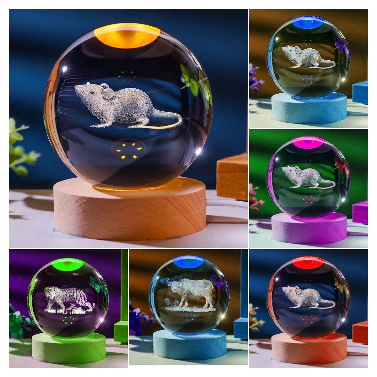 كرة كريستال فأرة وبقرة محظوظة ضوء ليلي ، ديكور مصباح الطاولة ، عيد الميلاد ، هدية عيد الحب ، هدية الحفلات ، المنزل ، 1: #3