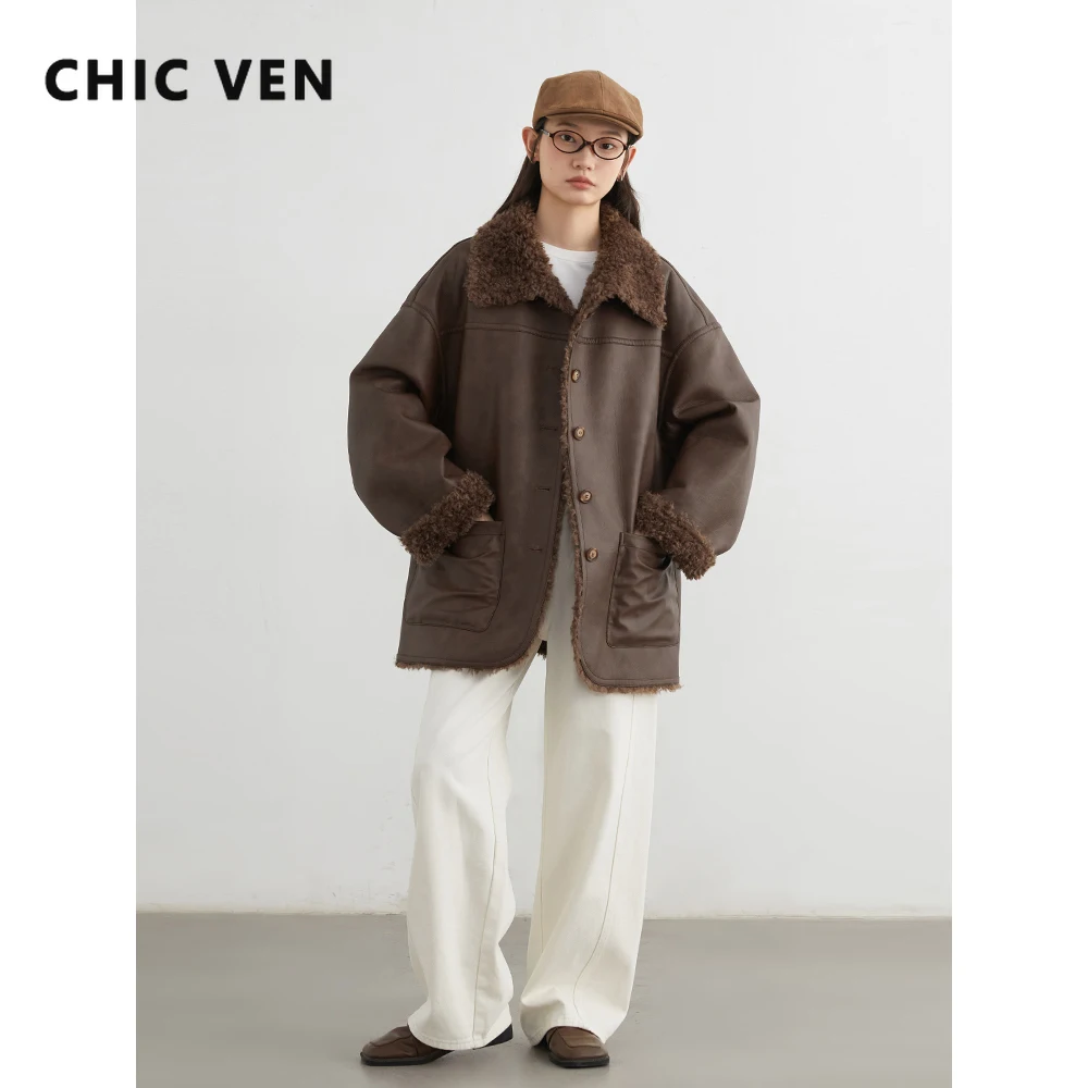 CHIC VEN Women Jackets Fashion Retro Casual Loose Reversible Faux Leather Coat Female Mid Length Clothing Autumn Winter New 2025