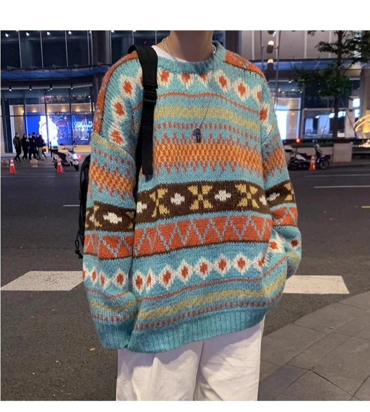 Ethnic Geometric Jacquard Sweater Men Women Retro Contrast Striped Chunky Knit Pullover Fall Winter Warm Couple Match Knitwear