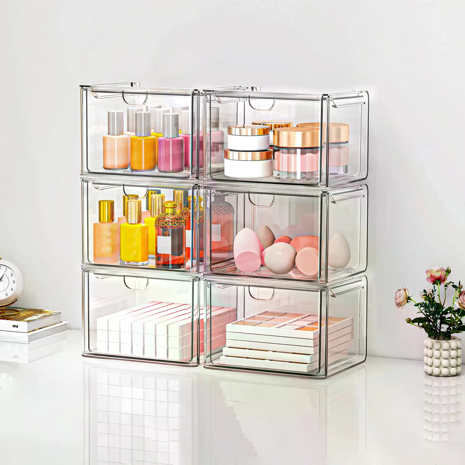 12-Pack Clear Acrylic Stackable Storage Boxes, Multi-Purpose Desktop Organizer for Makeup, Cosmetics & Office Supplies, Dorm Essentials, Home Decor