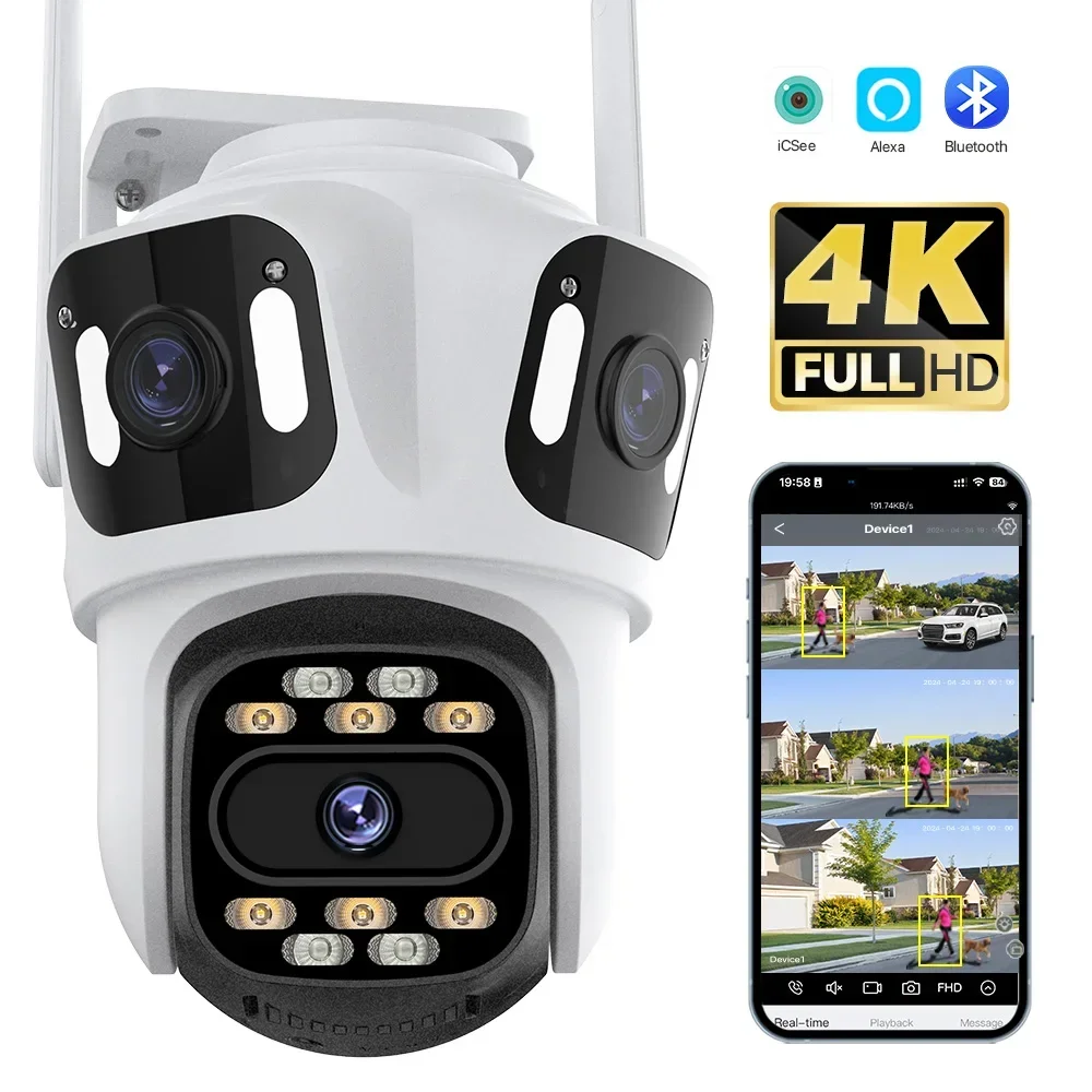 Three Lens Three Screen IP Camera WiFi External Dual Lens Auto Track Security PTZ Camera 4K HD iCsee CCTV Video Surveillance