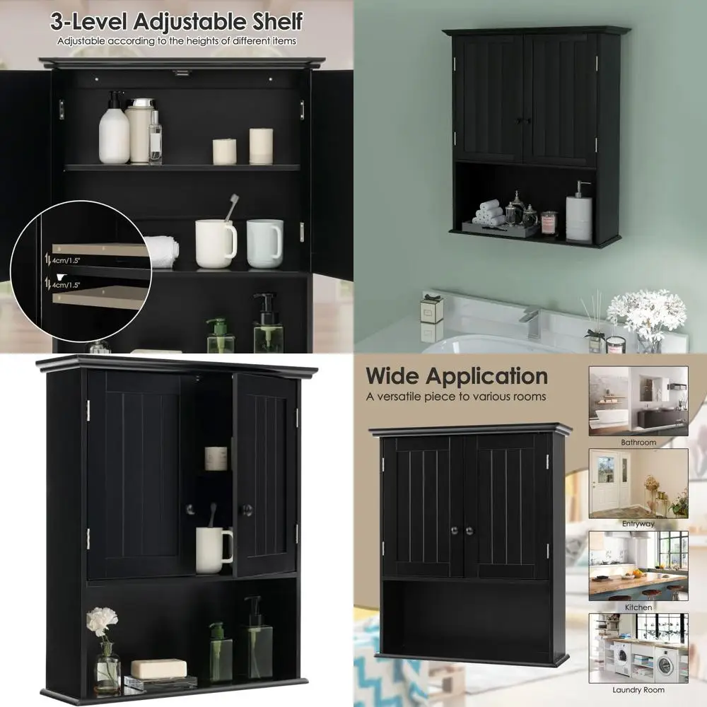 

Черный деревянный настенный шкаф для ванной комнаты с 2 дверцами и 1 полкой для хранения и организации вещей