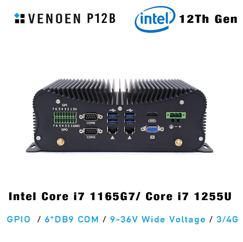 DDR5 Безвентиляторный промышленный мини-ПК GPIO SIM-слот i5 1235U i7 1255U Широкое напряжение Мощность i225 VENOEN RS232 RS485 RS422 VGA HDMI