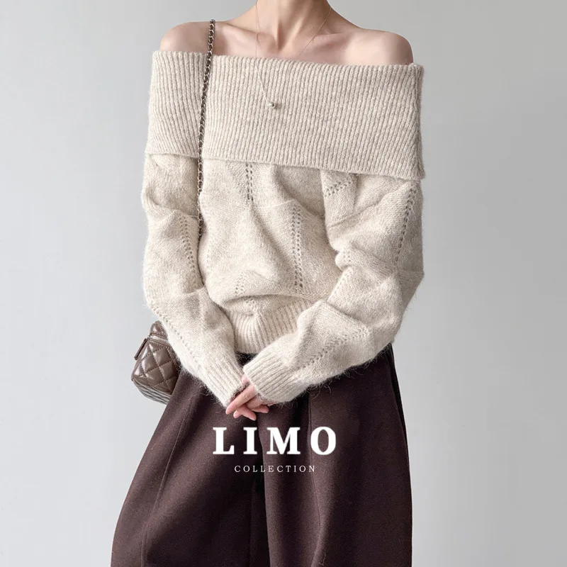 

LIMO 2025 New Women's Off Shoulder Knitted Sweater Wool Cotton Blend Elegant Design Casual Fall Winter Chic Tops