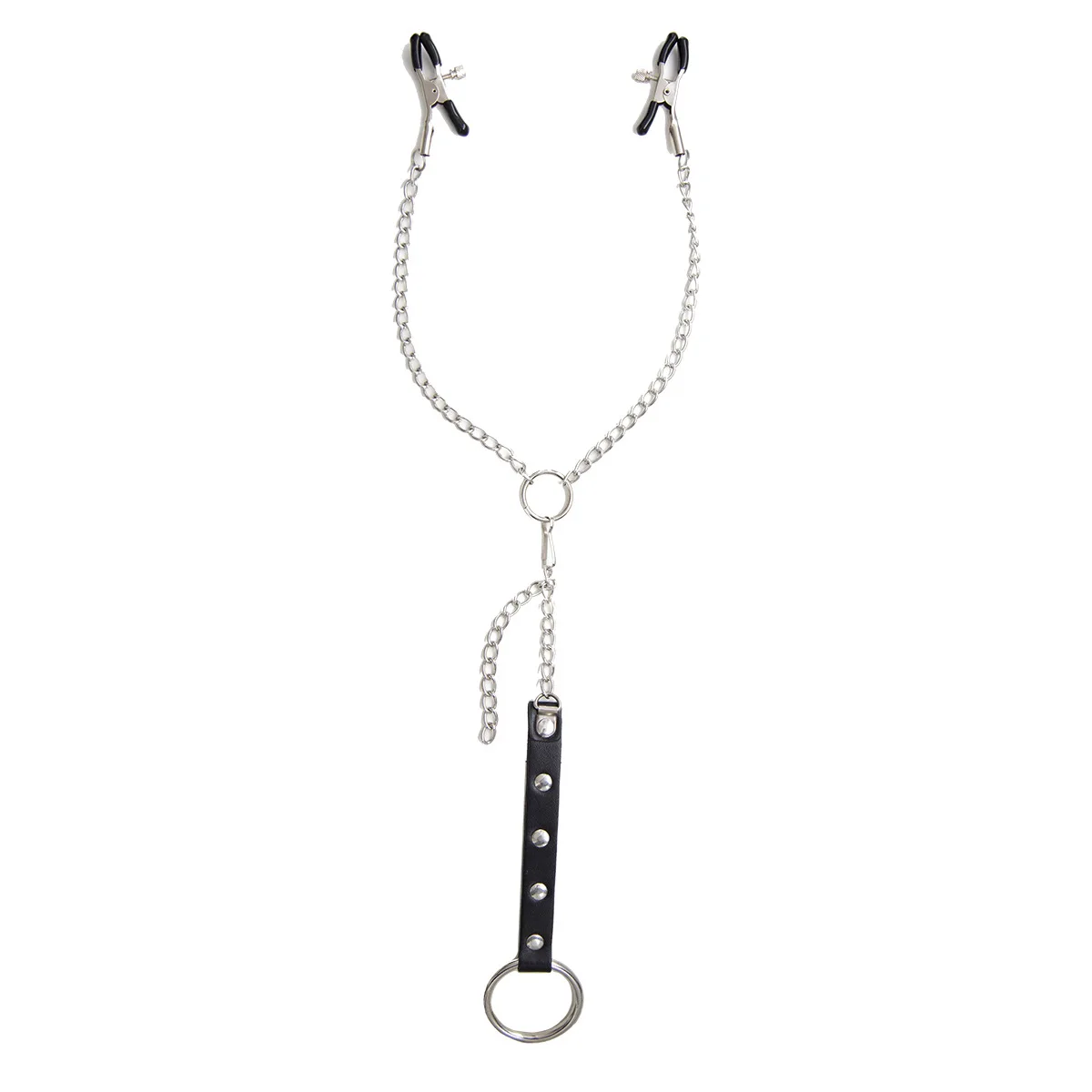 Anello per pene per pene con eiaculazione ritardata maschile in pelle PU sexy con morsetto per capezzoli Catena per clip per seno SM Bondage Coppia SM Giocattoli sessuali