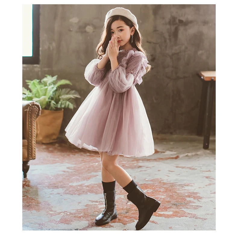 Frühling Herbst Kinder Mädchen Kleider Laterne Hülse Spitze Prinzessin Kleid Perle Süße Oansatz Mesh Party kinder Kleidung Vestidos – Detail 11