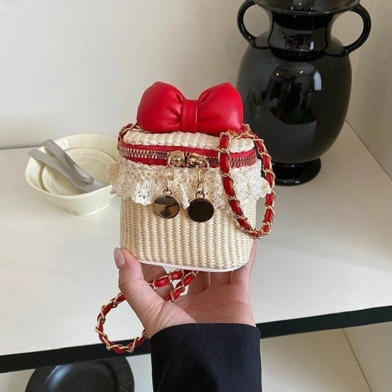 Red Pink Sliver Beige Woven Straw Box Bag Red Bow Lace Chain Strap Mini Crossbody Phone Coin Purse Princess Style For Girls