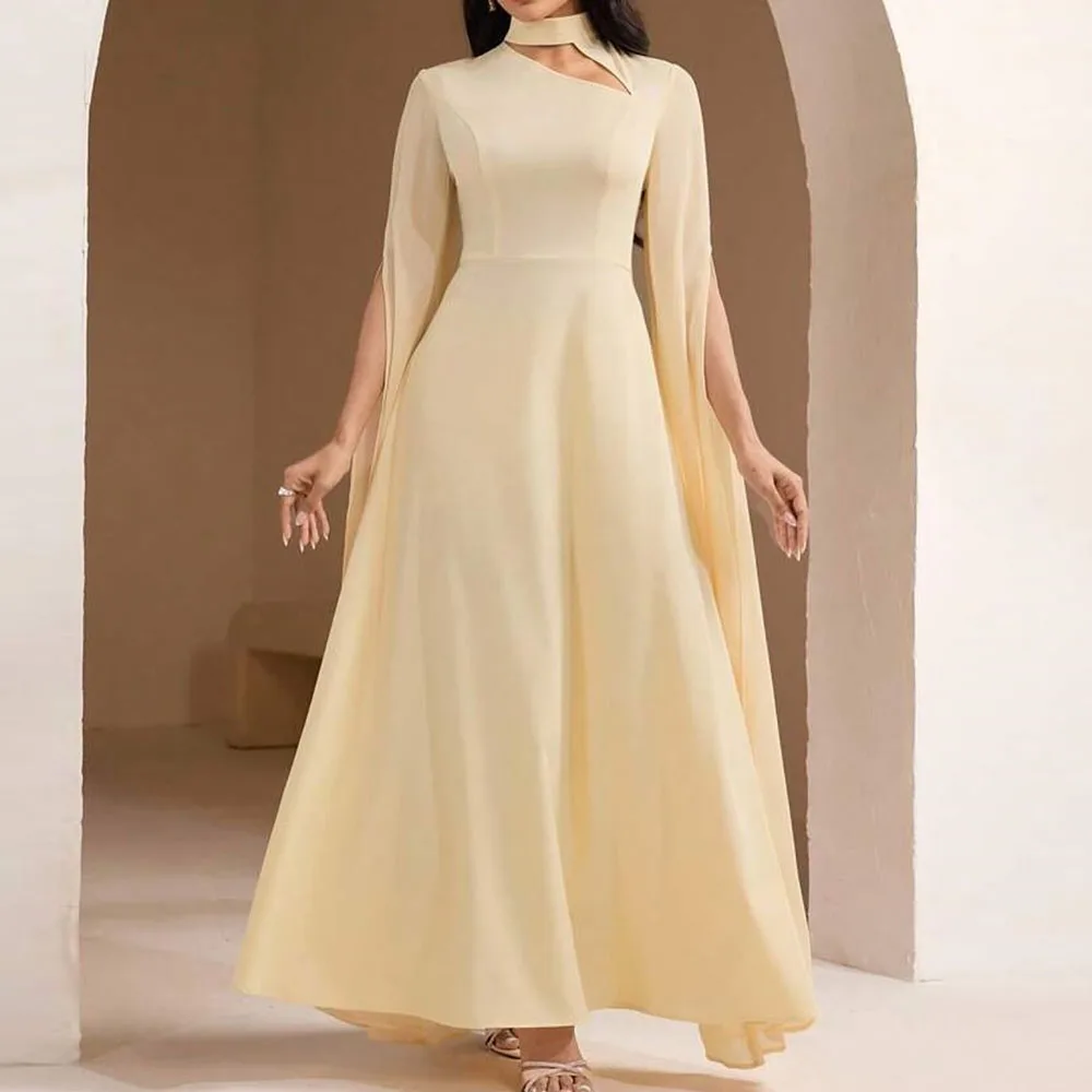 Abiti da sera a trapezio personalizzati Abito da ballo a maniche lunghe con collo alto alla caviglia Abito da festa casual drappeggiato alla moda semplice