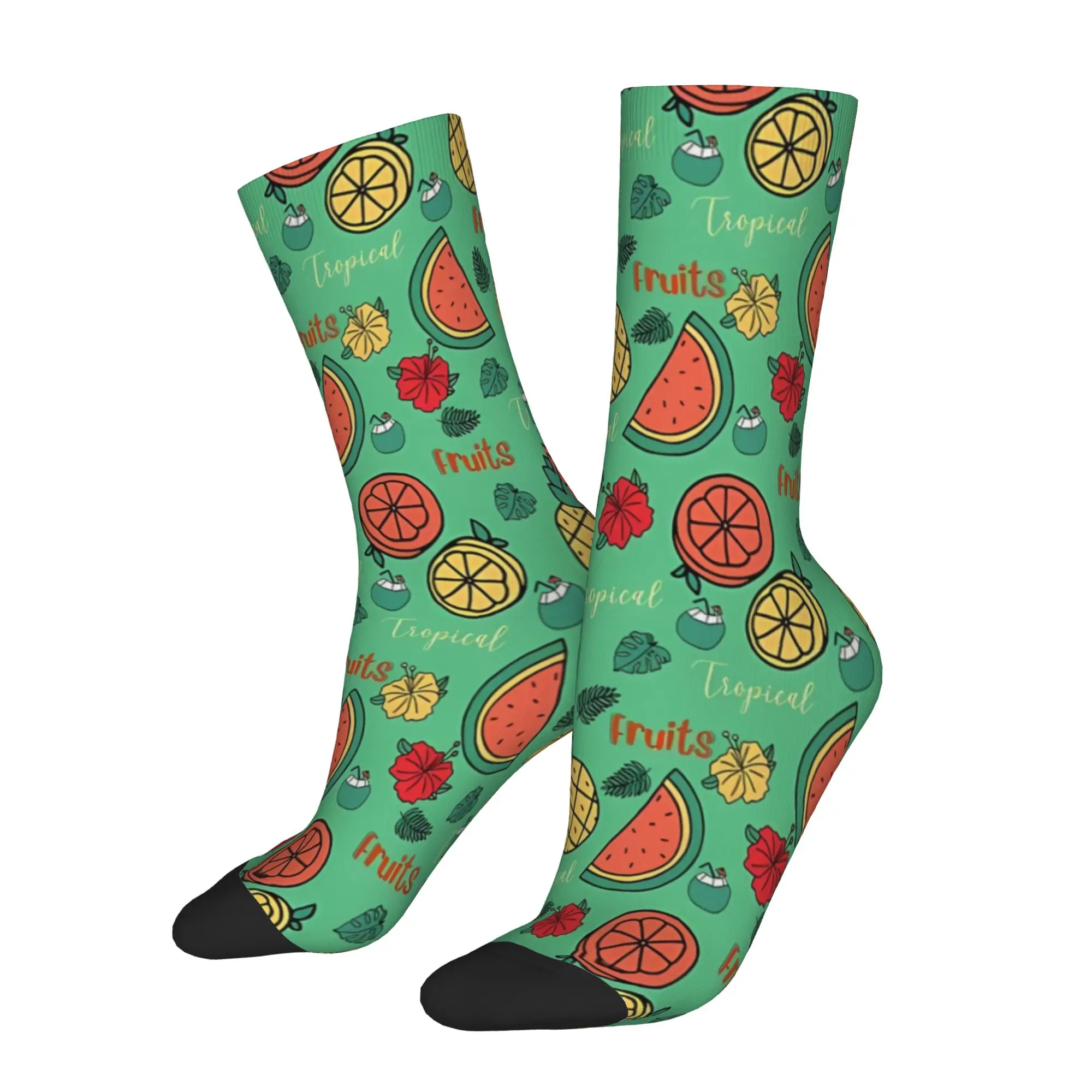 

1 Pair Funny Sock Tropical Fruits Summer green background Harajuku Quality Pattern Printed Men Crew Socks Casual Men's Socks