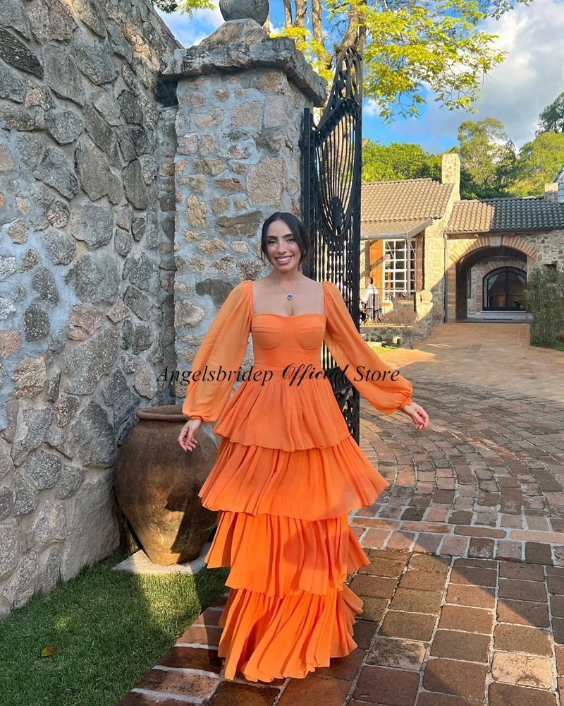 Angelsbridep-Vestidos De gasa escalonados De línea A, Vestidos De fiesta De Dubái, mangas largas abullonadas, color naranja