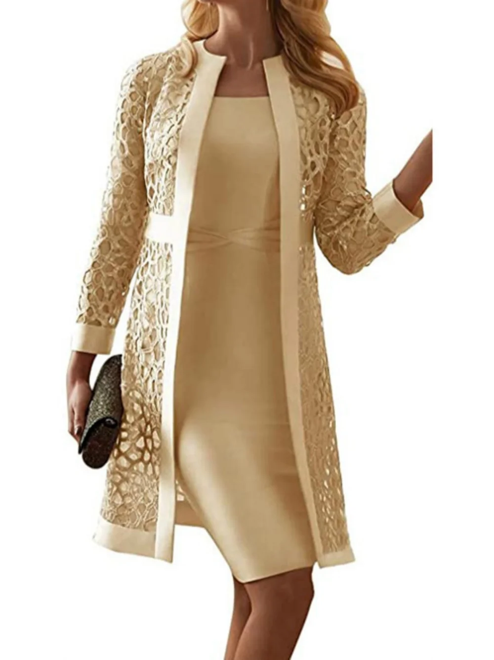 Fashion Lace Long Coat & Dress Set Woman Y2K Autumn Winter Elegant Lady Dresses 2 Piece Outfit Set