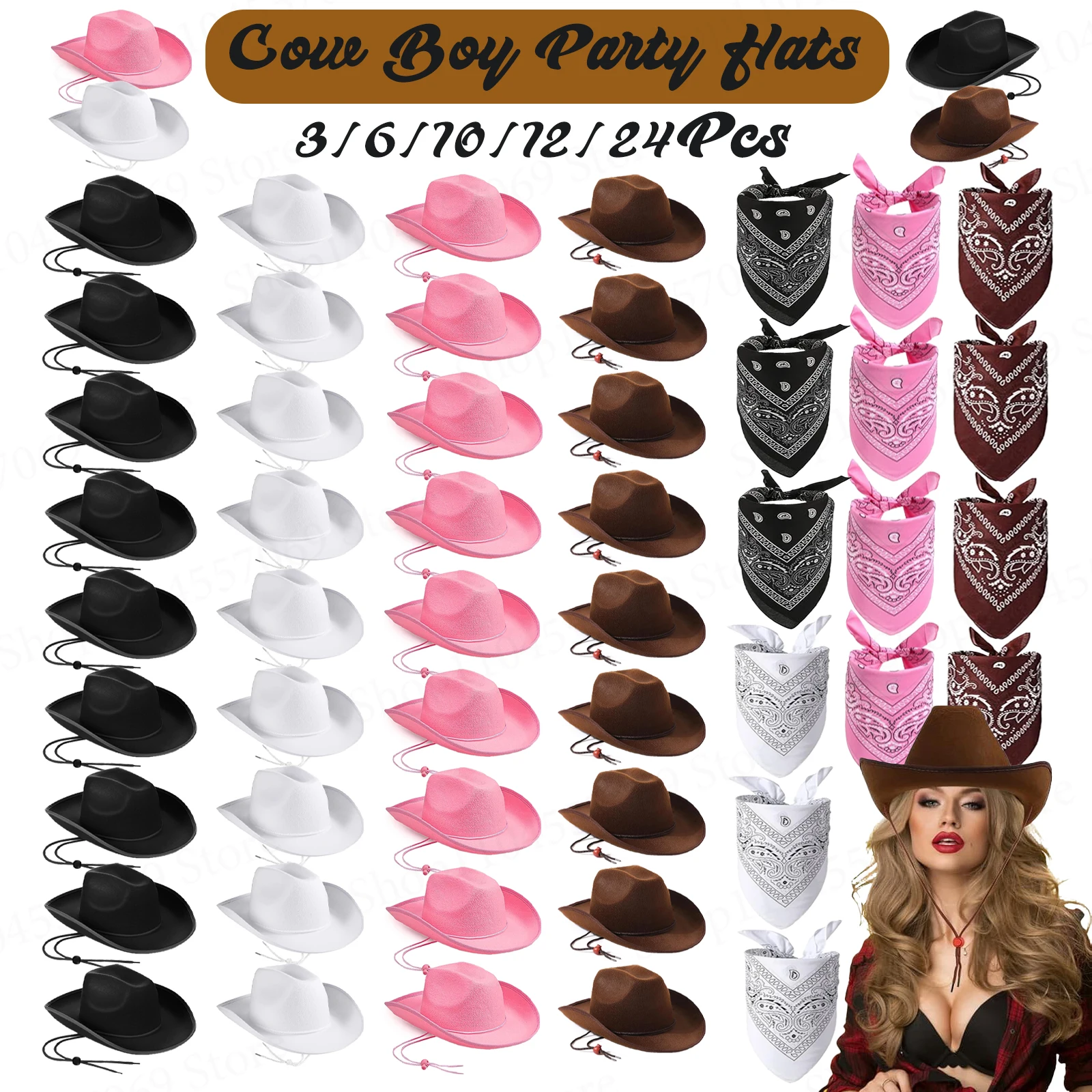 Juego de 6-24 Sombreros de Vaquero y Pañuelos, Sombreros de Fieltro para Vaqueras, Artículos para Fiestas Vaqueras, Sombrero de Vaquero para Bodas y Despedidas de Soltera