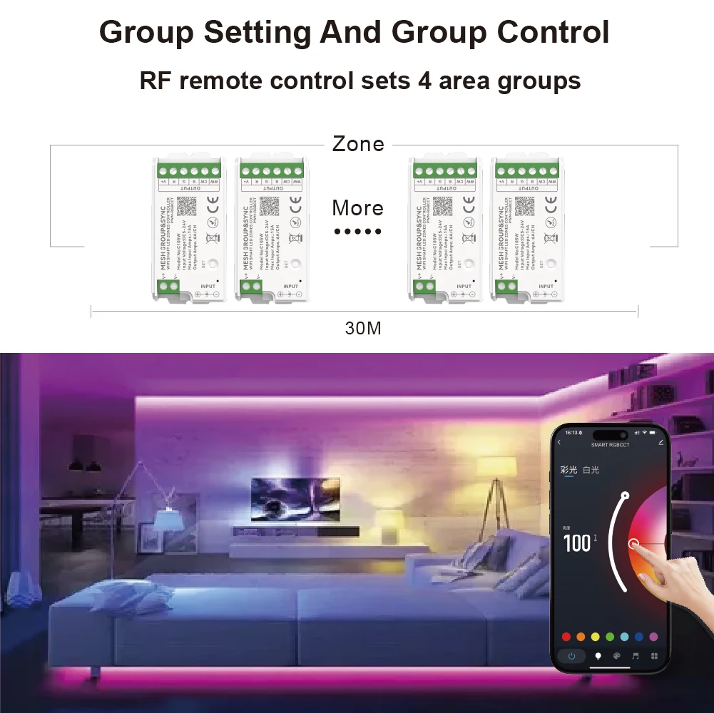 C105 Aipin 4 Zone MESH Remote Group&Sync Tuya Bluetooth WIFI Zigbee RGBWC Controller LED Light Strip App/Speaker Control 12-24V
