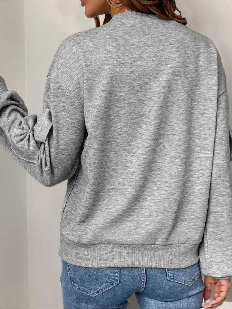 2025 Woman's Sweatshirt Styl Casual Autumn Bow Splicing Round Neck Sweatshirt Temperament Sudaderas De Mujer Commuting Pullover