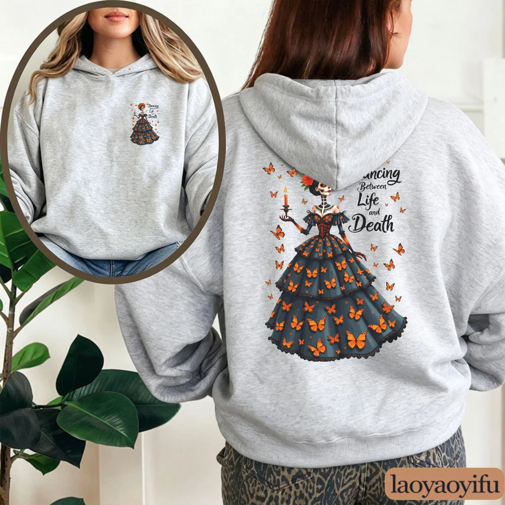Halloween Día De Muertos Skeleton Butterfly Graphic Hoodie Women Casual Long Sleeve Pullover Sweatshirt Hooded Top Sweatshirt
