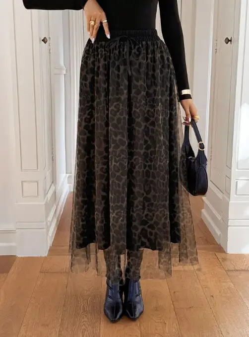 

2025 Autumn/winter Vacation Leopard Pattern Mesh Long Skirt Half Skirt Women's Wear
