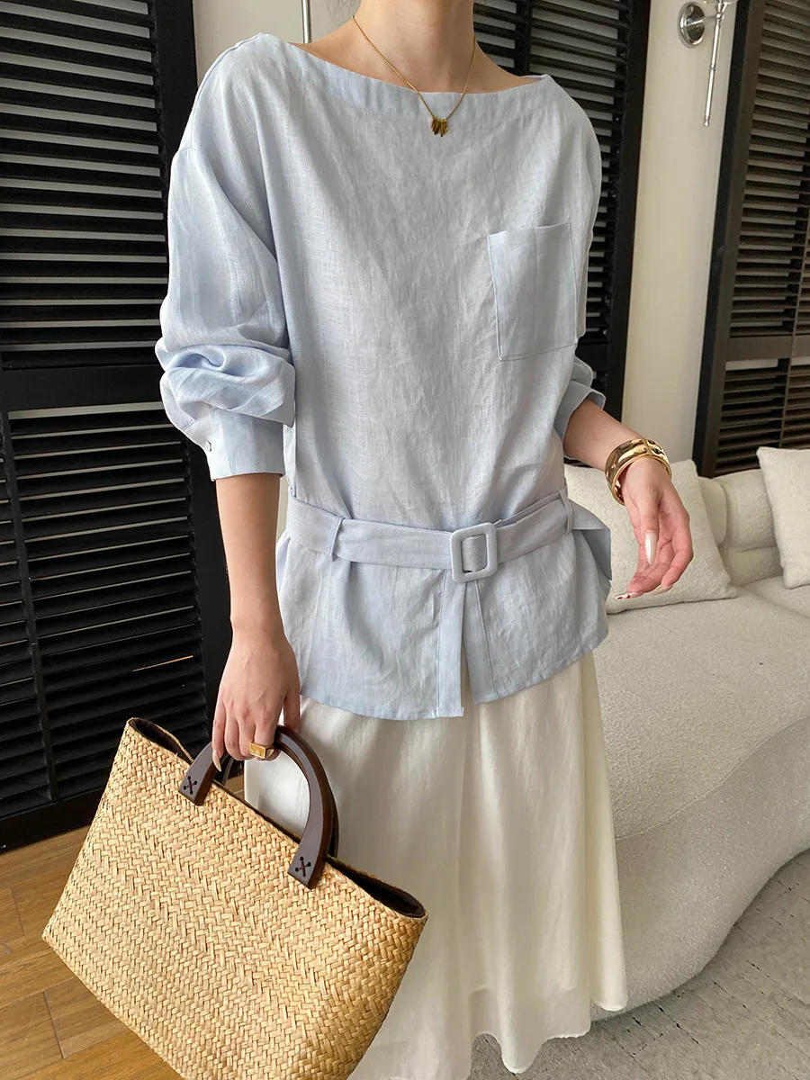 Frühlings- und Sommerbluse für Damen, einfarbig, mit Taillengürtel, langärmlig, im Commuter-Stil. – Detail 9
