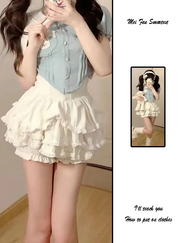 Summer New Style Pure Desire Cake Half Skirt Women's Ballet Style Strap Design Short Skirt High Waist A-Line Denim Skirt
