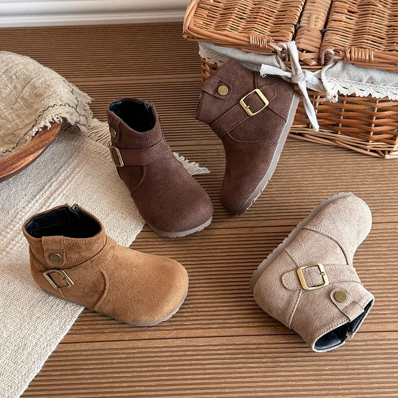 Kids Short Boots Retro Korean Style Girls Princess Boots Round Toes 2026 Autumn Winter warm Children Leather Boots 23-34