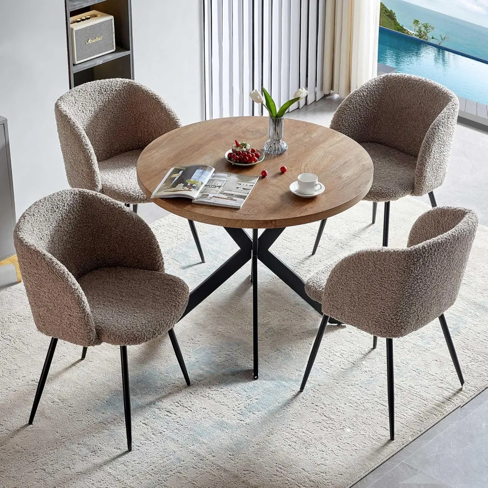 5 Pieces 37-Inch Round Dining Table and Upholstered Chairs for Four Person, MDF Table-top, Light Brown Fuzzy Sherpa Armchairs