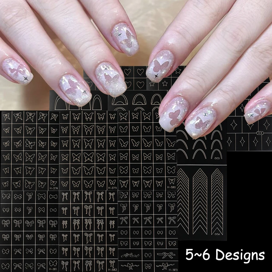 5/6 pcs 3D Hollow Butterfly Bowknot Nail Art Stickers Hollow-Out Stars Heart French Wave Line DIY Inkjet Painting Nail Decals