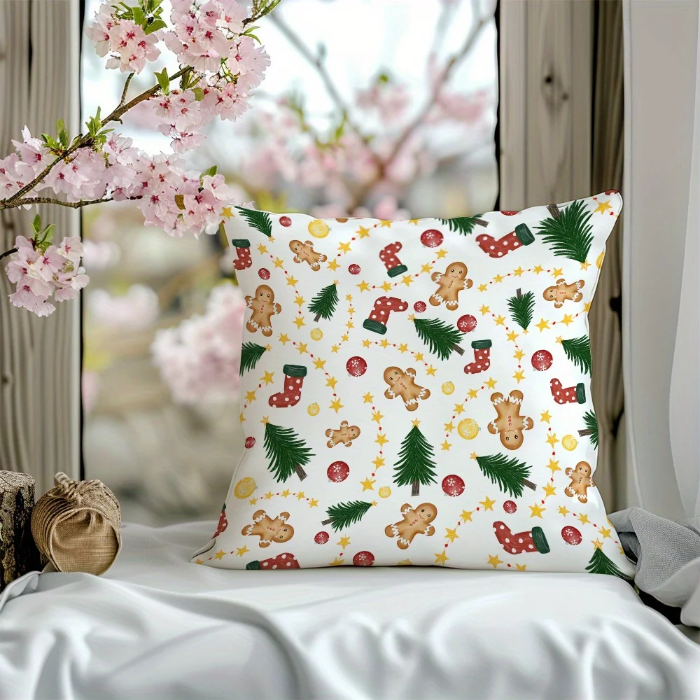 Happy Holidays Gingerbread Man Christmas Tree Double Sided Pillow Cover Concealed Zipper Sofa Bed Car Living Room