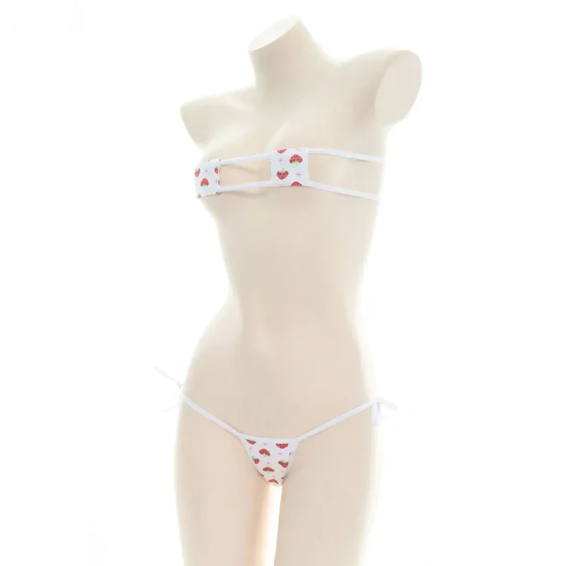Trendy Anime Design Strawberries Pattern Bandage Micro Bikini Costume Portable Swimwear Underwear For Themed Party Cosplay