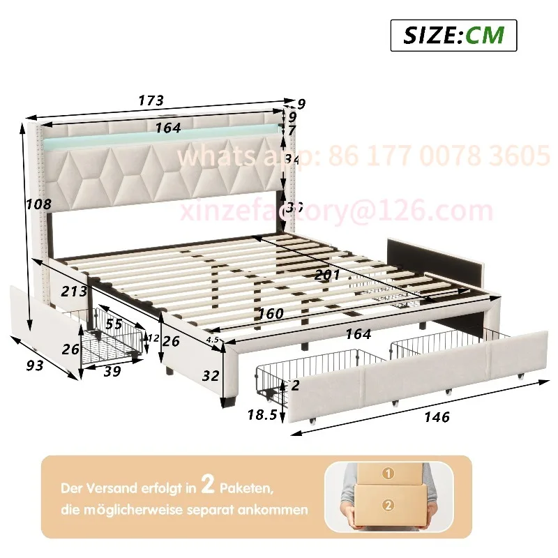 

Customizable Upholstered Bed,160x200 cm,with LED Headboard and USB,with 4 Storage Drawers, without Mattress, Linen Beig