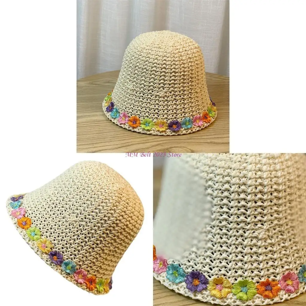 

49ME Sweet Crochet Bucket Hat for Woman Spring Camping Flower Decals Fisherman Hat