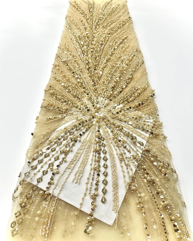 Madison French Mesh Lace Fabric with African Nigerian Sequins Beads Embroidery for Wedding Dress Sewing Luxury Pattern