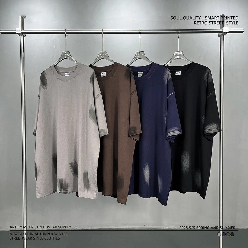 

LME Hot Selling 100% Cotton Heavweight Vintage Bajia Doodle Painting Loose Oversized Men Streetwear Short-Sleeve T-Shirt